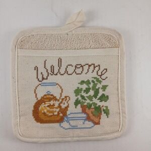 VTG  Cross Stiched Pot Holder Tea Kettle Fern Cottagecore Granny Kitchen